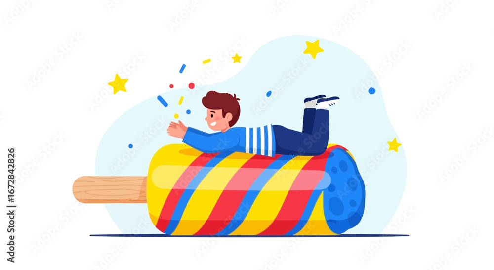 Obraz premium Joyful Boy Rides Giant Ice Cream Cone Amidst Whimsical Starry Confetti