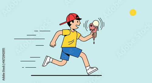 Joyful Boy Races With Melting Ice Cream Cone Under The Sun Ready For Summer Fun