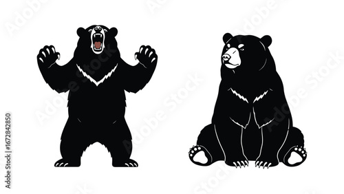 Powerful Duality Aggressive Roaring and Calm Sitting Black Bear Mascot Illustrations Symbolizing Strength and Tranquility