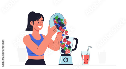 Healthy Woman Preparing Fresh Smoothie With Fresh Berries For A Nutritious Lifestyle
