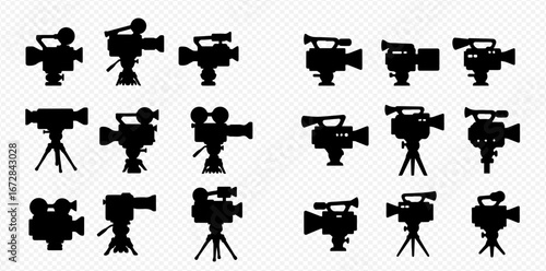 Collection of various vintage and modern video camera silhouettes on a transparent background.