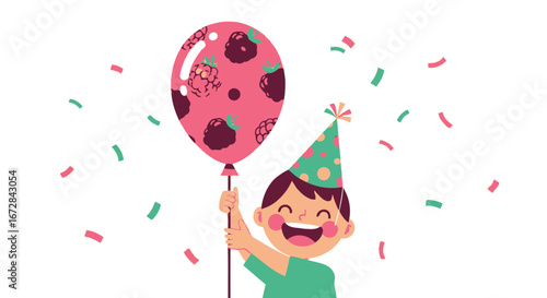 Joyful Celebration: A Cheerful Child Enjoys A Party With Raspberry Balloons and Confetti