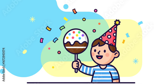 Joyful Celebration: A Youngster's Festive Moment with Lollipop and Party Hat Decorations