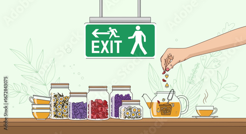 Herbal Tea Preparation And A Doorway Sign, Illustration With A Calming, Peaceful Theme