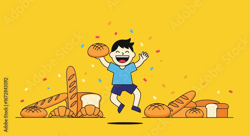 Joyful Celebration Boy with Delicious Baked Goods on Bright Yellow Background