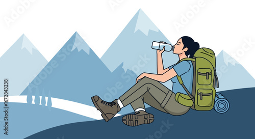 Hiker Resting And Rehydrating While Admiring Mountainous Scenery With Backpack