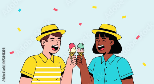 Joyful Celebration: Two People Relish Ice Cream Cones Under a Shower of Confetti