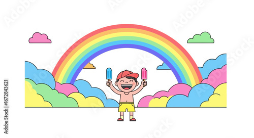 Joyful Child Celebrates Summer With Rainbow And Refreshing Treats' Delightful Illustration