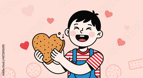 Joyful Child Consuming A Heart Biscuit Amidst Pastel Pink Background Design