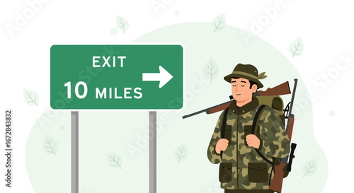 Hunter Beside Road Exit Sign Advising Ten Miles Distance Indicator to the End Point