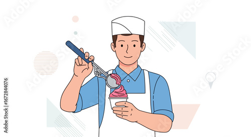 Ice Cream Artisan Scooping Dessert Into Cup, Delicious Treat, Summer Refreshment