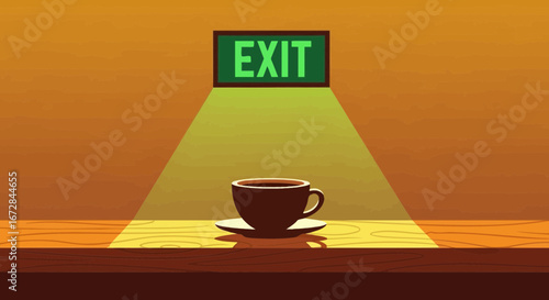 Illuminated Coffee Cup Under The Green Exit Sign Symbolizing Escape And Ending A Day