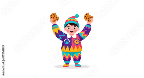 Joyful Child Holding Cookies, Cartoon Illustration Of A Happy Kid, Dessert Fun Time