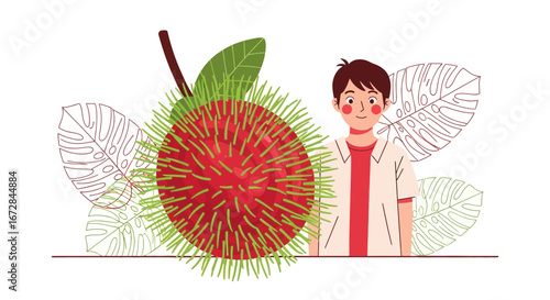 Illustrated Rambutan Fruit Featuring Figure, Leafy Backdrop, And Minimalist Imagery