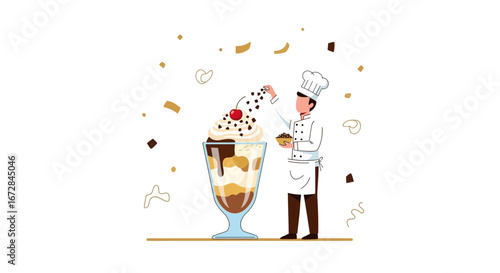 Illustration of a Chef Decorating a Sundae in a Tall Glass with Various Garnishes