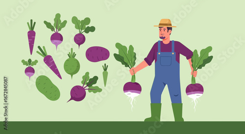 Illustration Of A Farming Man Presenting Freshly Harvested Vegetables From The Garden