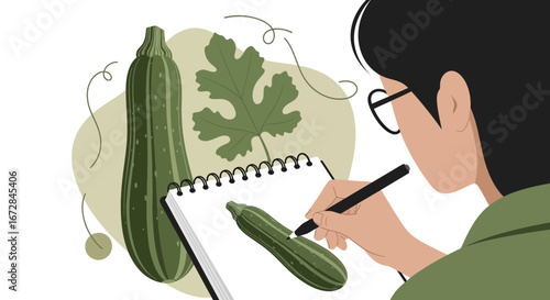 Illustration Of A Person Sketching A Zucchini In Notebook With Fresh Leaf Decoration