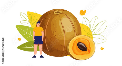Illustration Of A Sapodilla Fruit With A Person, Freshness, And Healthy Eating
