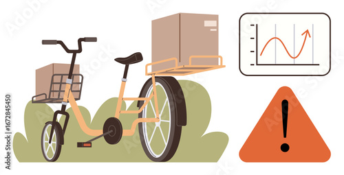 Cargo bike carrying packages with hills in the background, a performance chart indicating growth, and a caution sign. Ideal for delivery, logistics, growth analysis, challenges, efficiency