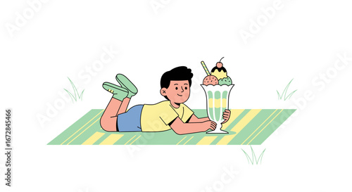 Joyful Child Relaxing On Green Picnic Mat Holding A Delicious Ice Cream Sundae
