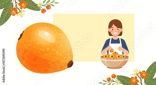 Illustration Of A Woman Preparing Loquats And Floral Adornments Displayed Nicely
