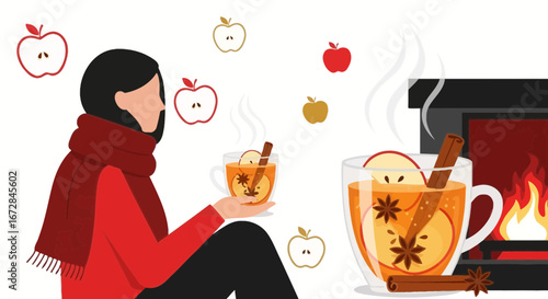 Illustration Of Apple Cider Near Fireplace Demonstrates Warm Comfort And Cozy Scene