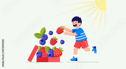 Joyful Child Selects Berries From Gift Box Under Bright Rays of Summer Sun