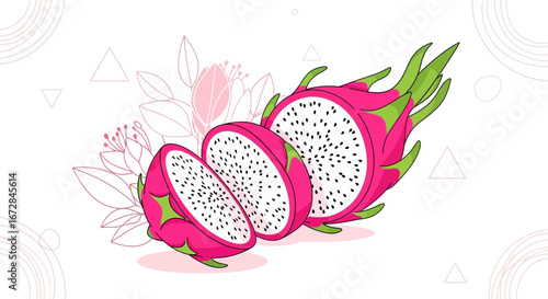 Illustration Of Dragon Fruit Slices Depicting Exotic Freshness On White Backdrop With Flowers