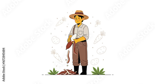 Illustration Of Farmer Peeling Root Vegetable Illustrating Agricultural Work And Cultivation