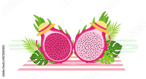 Illustration Of Pitaya Slices Adorned With Hats And Tropical Foliage For Summertime