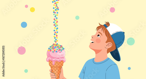 Joyful Child With a Delicious Ice Cream Cone in Colorful Illustration
