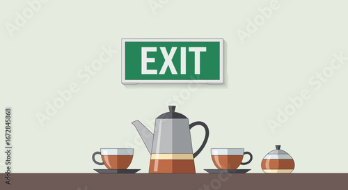 Illustration Of Tea Set Under Green Emergency Exit Sign In A Minimalist Decor.