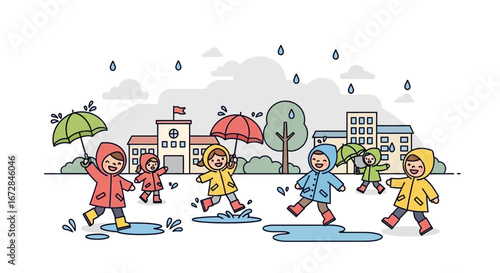 Joyful Children Playing Outdoors in Rain, Enjoying Puddles and Colorful Umbrellas
