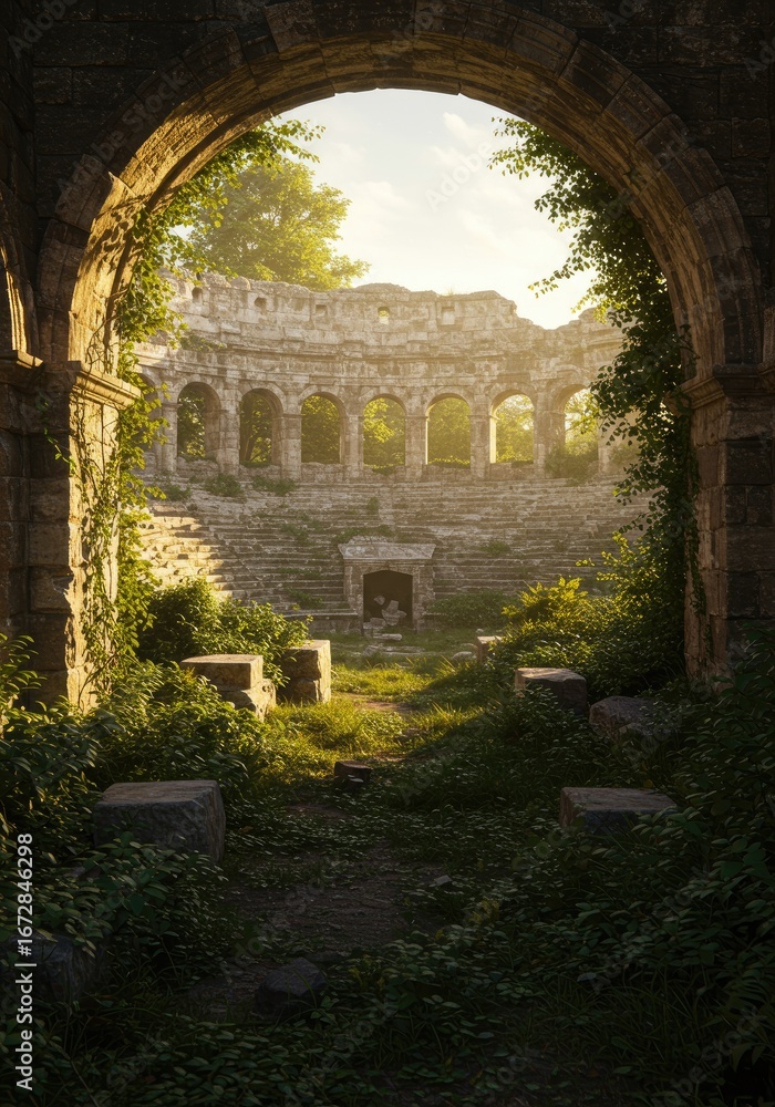 Fototapeta premium Sunlit ruin through archway, overgrown
