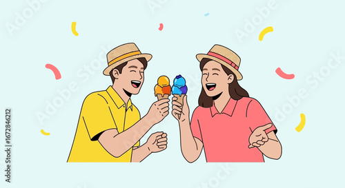 Joyful Couple Enjoying Ice Cream Cones Together During Summer Day Celebration