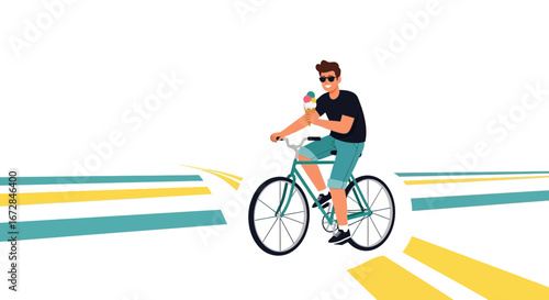 Joyful Cyclist Enjoys Ice Cream Under The Sun During A Summer Day Adventure