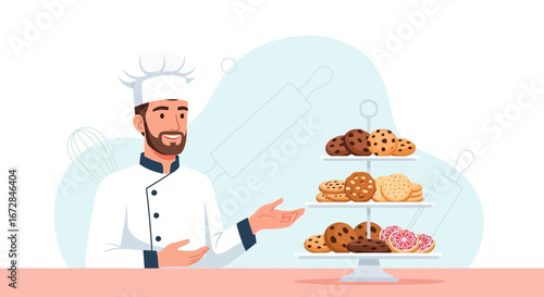 Illustrative Chef Displaying Gourmet Cookies, Bakery treats, and baked delights on a Platter