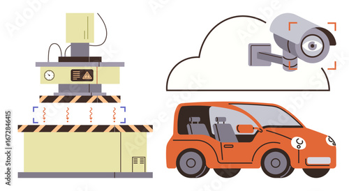 Car safety testing using a crash test machine and monitored by a cloud-based surveillance camera. Ideal for technology, automation, safety, innovation, research, engineering, modern design, simple