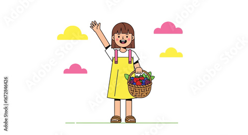 Joyful depiction of a girl with a basket of berries waving happily greeting someone