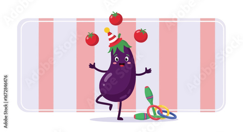 Joyful Eggplant Character Performing Juggling Act With Tomatoes And Circus Props