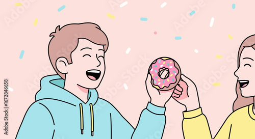Joyful Friendship Sharing a Delicious Baked Treat with Sprinkles and Sweetness