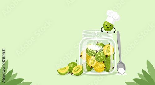Joyful Fruit Chef Preparing Gooseberries Inside Glass Jar With Spoon and Sugar