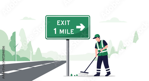 Illustrative Depiction Of Roadside Cleaning Activity Next To Exit Sign Indicating Distance