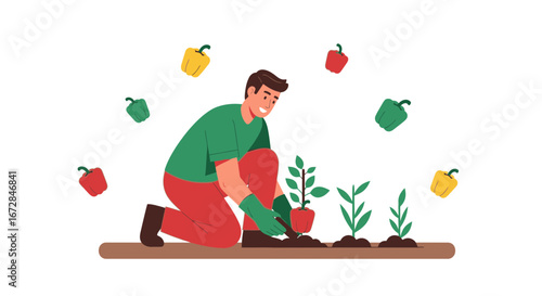 Joyful Gardener Planting Peppers And Cultivating Greenery In An Outdoor Garden