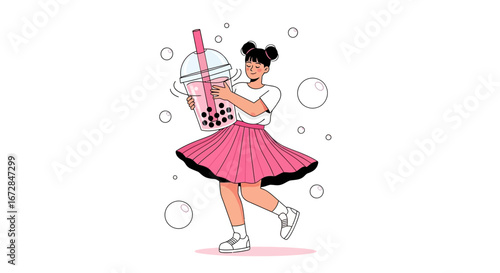 Joyful Girl Holding A Boba Tea Cup Smiling And Dancing With Enthusiasm In Hands