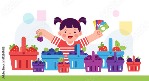 Joyful Girl Proudly Displays Freshly Picked Berries and Earned Money Harvesting