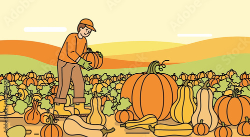 Illustrative Scene Of Farm Worker Harvesting Pumpkins Amidst A Vibrant, Autumnal Landscape