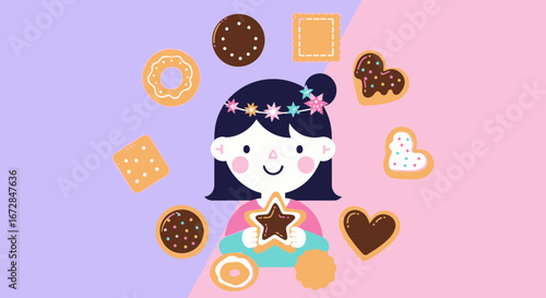 Joyful Girl Surrounded With Tasty Decorated Biscuits And Her Charming Expression