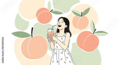 Joyful Girl Tasting Refreshing Peach Juice, Cheerful and Delightful Summer Concept Without End
