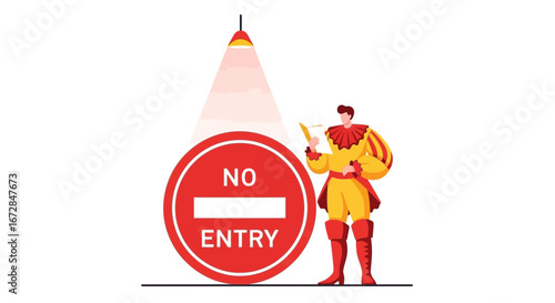 Imposing No Entry: A Regal Figure's Symbolic Enforcement of Restrictions and Barriers